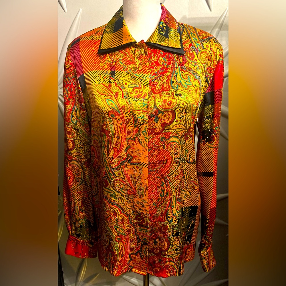EUC Louis Feraud SZ 4 gold/red/black multicolored silk paisley print blouse - Picture 3 of 12